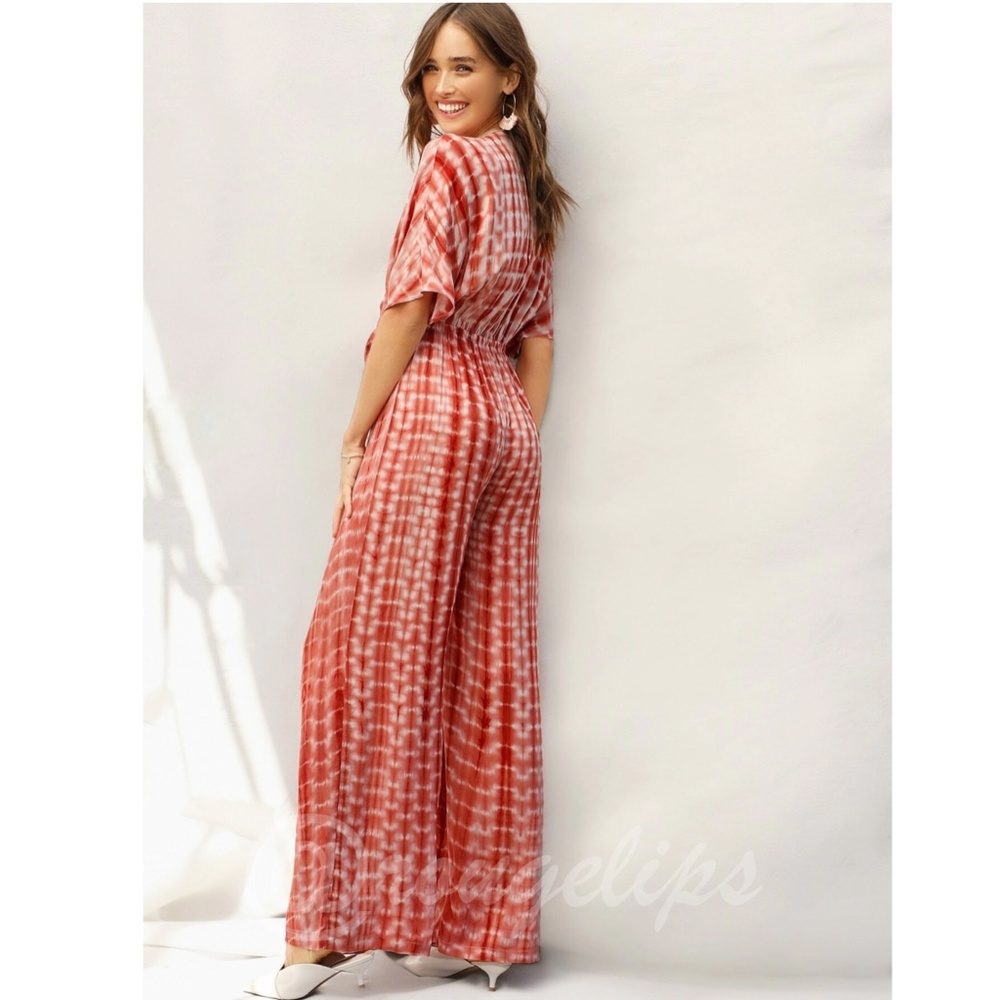 Tie Dye Jumpsuit Red Wide Leg Tie Front Deep V-Neck - Picture 3 of 7